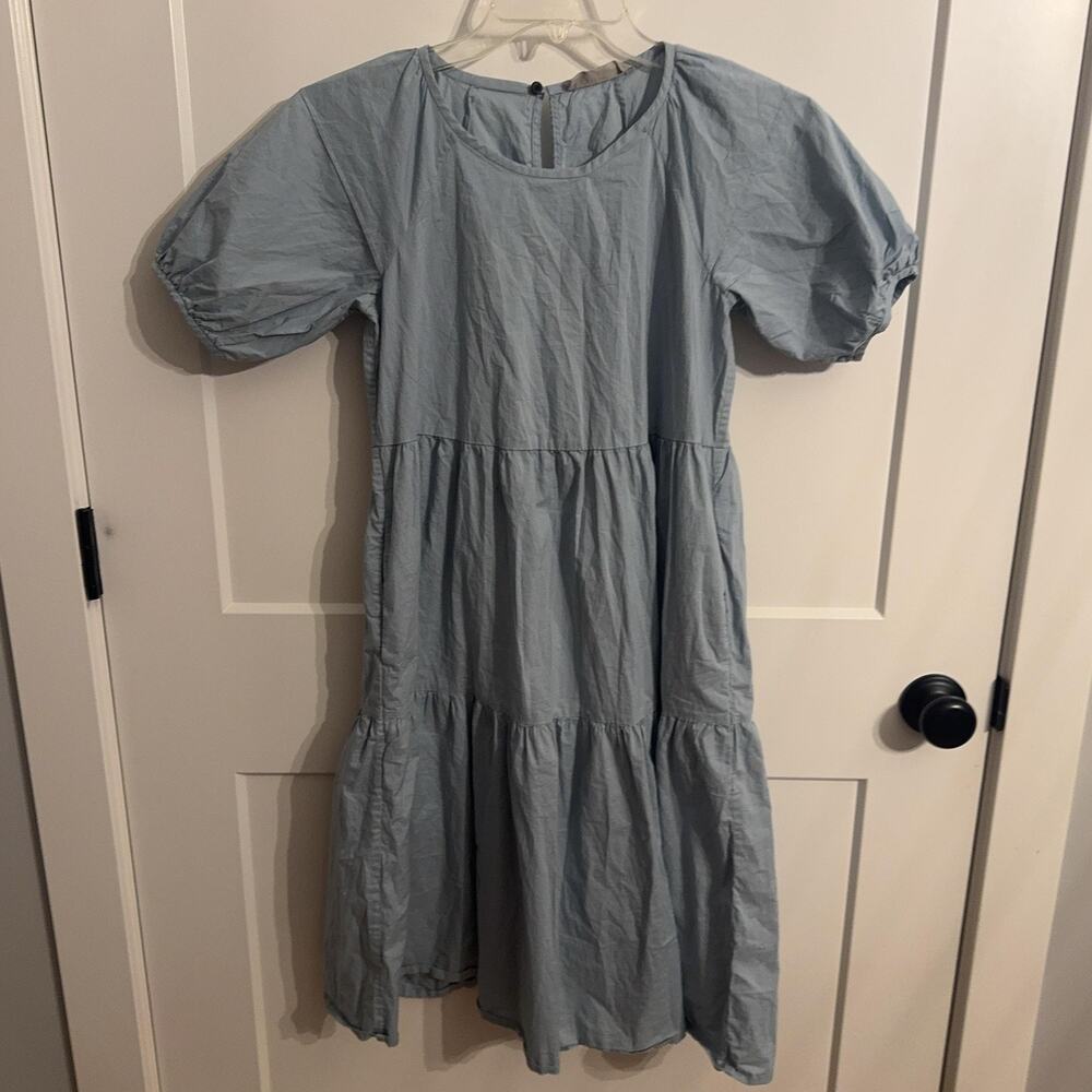Everlane Dress XXS Blue Cotton Puff Sleeve Tiered Swing Knee Sundress Prairie